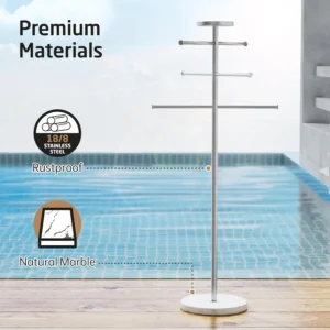 KES 59" H Natural Marble Pool Towel Rack with Weighted Base, 18/8 Stainless Steel Beach Towel Holder, 3 Adjustable Bars Free Standing Towel Rack for Hot Tub Accessories, Brushed Finish, OTR200-2