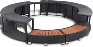 Inflatable Hot Tub Spa Step and Surround Desk,Black Poly Rattan,Outdoor Round Massage Hot Tub Frame for Garden, Backyard, Patio Indoor Outdoor Use -142
