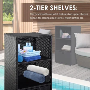 Outsunny Outdoor Storage Cabinet, Patio Storage Box Rack Rattan Wicker Pool Towel Valet Organizer Poolside Garden Lawn Bathroom Furniture Shelf w/Shelf Drawer, Dark Brown