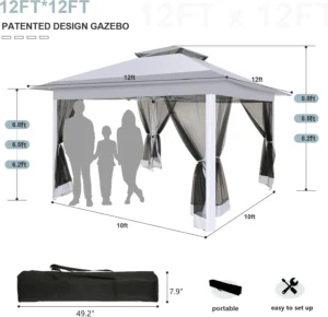 COBIZI 12x12 Pop up Gazebo on Clearance with Mosquito Netting,carpas para Patio Deals,Outdoor Canopy Tent with Portable Carrying Bag, Patio Gazebo for Garden Backyard, Lawn & Beach,Grey