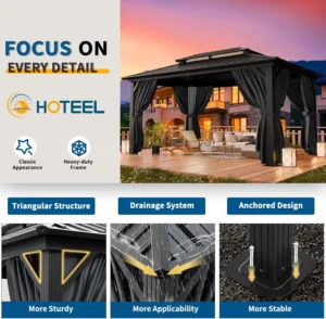 HOTEEL 10x12 Hardtop Gazebo with Heavy Duty Galvanized Steel Double Roof, Aluminum Frame, Flame-Resistant Curtains and Netting, Outdoor Permanent Pavillon for Backyard, Black (2025 Upgraded)