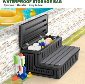 Hot Tub Steps with Storage – Heavy Duty HDPE Outdoor Stairs, Non-Slip &Waterproof Step Stool with Removable Fabric Cover, All-Weather Steps for Spa, Pool, RV & Porch