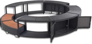 Inflatable Hot Tub Spa Step and Surround Desk,Black Poly Rattan,Outdoor Round Massage Hot Tub Frame for Garden, Backyard, Patio Indoor Outdoor Use -142
