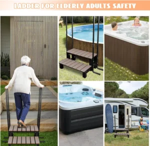 Hot Tub Ladder Above Ground,Pool Hot Tub Steps Wood with 2 Handrails and Anti-Skid Pads,600 LB Load Capacity Pool Stairs Pool Steps for Travel Trailers, Spa, Camper, 5th Wheels (2 Step, 2 Handle)