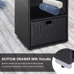 Outsunny Outdoor Storage Cabinet, Patio Storage Box Rack Rattan Wicker Pool Towel Valet Organizer Poolside Garden Lawn Bathroom Furniture Shelf w/Shelf Drawer, Dark Brown