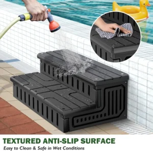 Hot Tub Steps with Storage – Heavy Duty HDPE Outdoor Stairs, Non-Slip &Waterproof Step Stool with Removable Fabric Cover, All-Weather Steps for Spa, Pool, RV & Porch