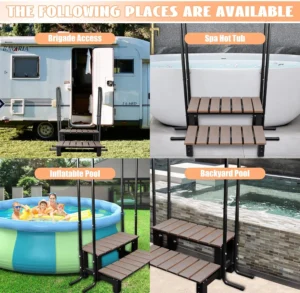 Hot Tub Ladder Above Ground,Pool Hot Tub Steps Wood with 2 Handrails and Anti-Skid Pads,600 LB Load Capacity Pool Stairs Pool Steps for Travel Trailers, Spa, Camper, 5th Wheels (2 Step, 2 Handle)