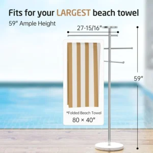 KES 59" H Natural Marble Pool Towel Rack with Weighted Base, 18/8 Stainless Steel Beach Towel Holder, 3 Adjustable Bars Free Standing Towel Rack for Hot Tub Accessories, Brushed Finish, OTR200-2