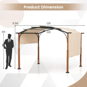 Tangkula 10x12Ft Pergola, Arched Patio Pergola with Retractable Sun Shade Canopy, Extra Large Patio Shelter Pavilion, Outdoor Pergola for Deck, Porch, Garden, Yard (Beige)