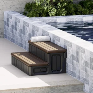 KUAFU Universal Spa Hot Tub Step with Storage Outdoor Indoor Compartment Spa 2-Step Stool Pool Ladder Plastic Handi Step Slip Resistant Striped Brown+Black