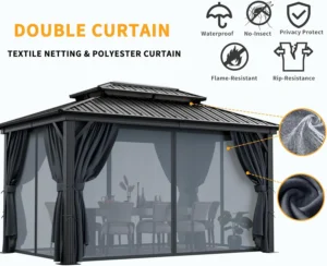 HOTEEL 10x12 Hardtop Gazebo with Heavy Duty Galvanized Steel Double Roof, Aluminum Frame, Flame-Resistant Curtains and Netting, Outdoor Permanent Pavillon for Backyard, Black (2025 Upgraded)