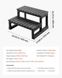 VEVOR Hot Tub Steps, 2-Step Spa Outdoor Stairs, Heavy Duty 23.6 inch Wide PP Above-Ground/Inflatable Pool Ladder with 320 lbs Weight Capacity, Multi-Use for Porch, Patio, Deck, Campers, Black