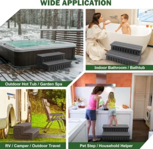 Hot Tub Steps with Storage – Heavy Duty HDPE Outdoor Stairs, Non-Slip &Waterproof Step Stool with Removable Fabric Cover, All-Weather Steps for Spa, Pool, RV & Porch