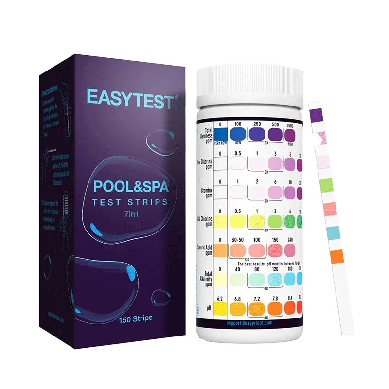 EASYTEST 7-Way Pool Test Strips, 150 Strips Water Chemical Testing for Hot tub and Spa, Accurate Test Bromine, Total Alkalinity, pH, Free Chlorine, Total Hardness, Cyanuric Acid, and Total Chlorine