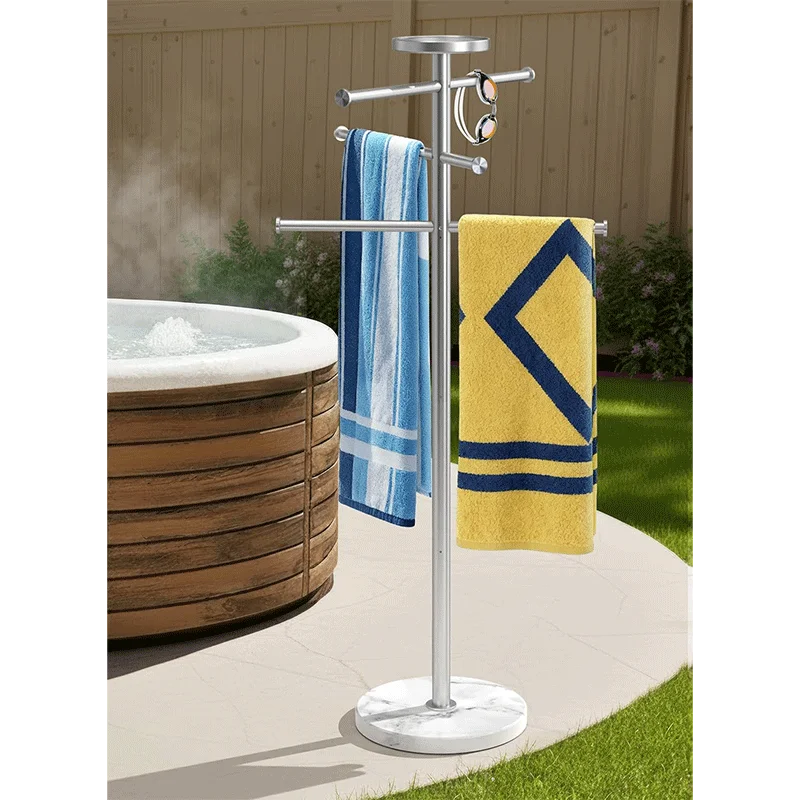 KES 59" H Natural Marble Pool Towel Rack with Weighted Base, 18/8 Stainless Steel Beach Towel Holder, 3 Adjustable Bars Free Standing Towel Rack for Hot Tub Accessories, Brushed Finish, OTR200-2