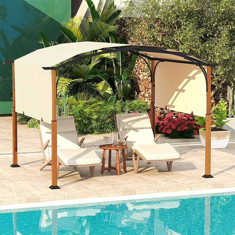 Tangkula 10x12Ft Pergola, Arched Patio Pergola with Retractable Sun Shade Canopy, Extra Large Patio Shelter Pavilion, Outdoor Pergola for Deck, Porch, Garden, Yard (Beige)