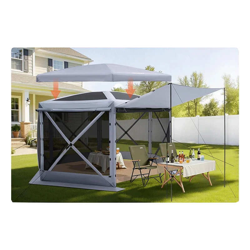 VEVOR Pop up Gazebo Screen Tent, 12 x 12 ft Large 6-Sided Camping Canopy Tent with Removable Top & Carry Bag, Quick-Set & Bite-Proof, Screen House Sun Shelter for 8-10 Persons Backyard Patio, Grey