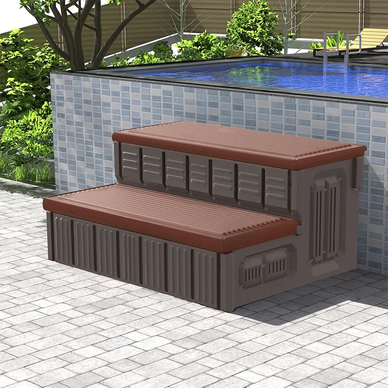 Hot Tub Steps, Outdoor Spa Steps with Storage, Non-Slip & Sturdy Hot Tub Stairs, 36 Inches Long, Coffee/Grey