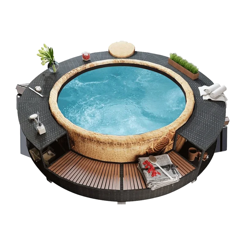 Inflatable Hot Tub Spa Step and Surround Desk,Black Poly Rattan,Outdoor Round Massage Hot Tub Frame for Garden, Backyard, Patio Indoor Outdoor Use -142